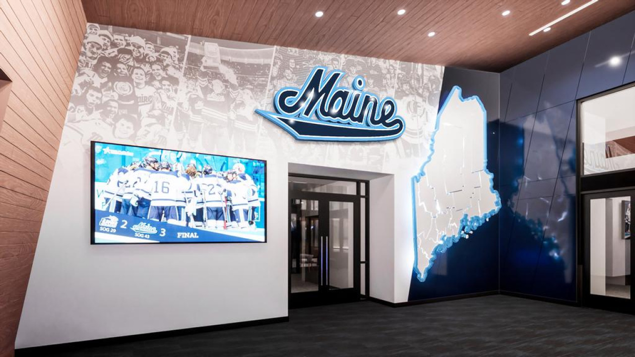 rendering of Maine Hockey lobby - large dimensional logo