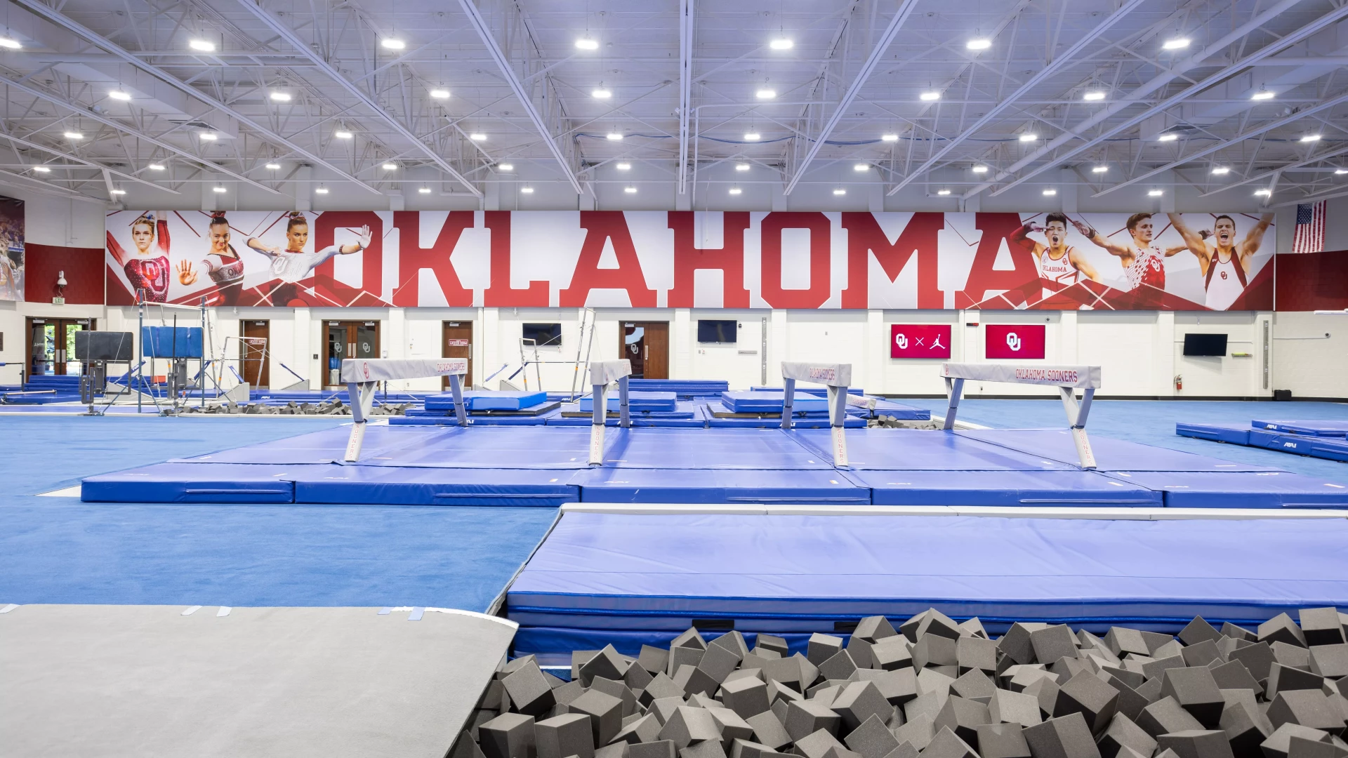 Gymnastics practice facility branding.