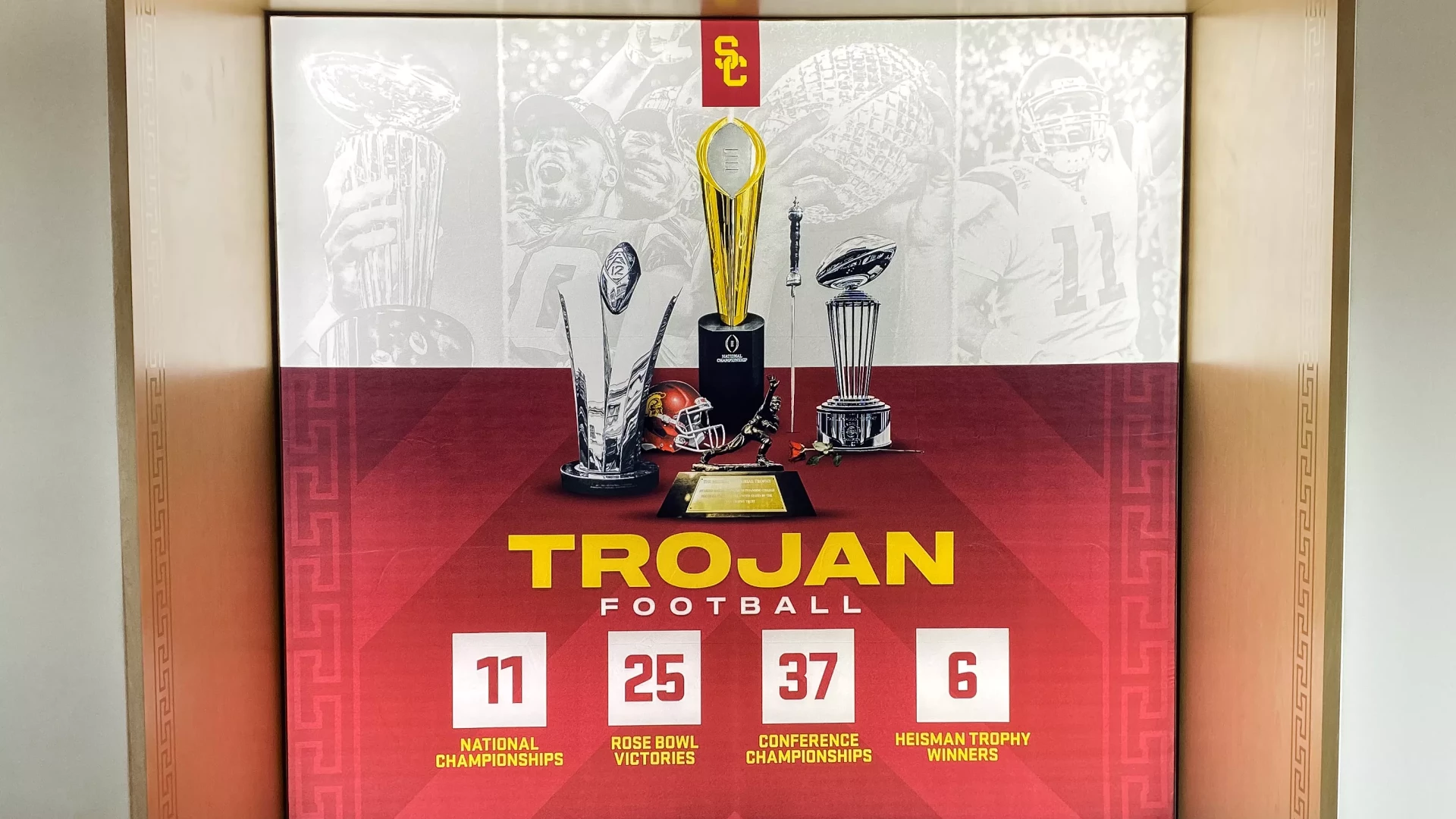 USC football corridor display.