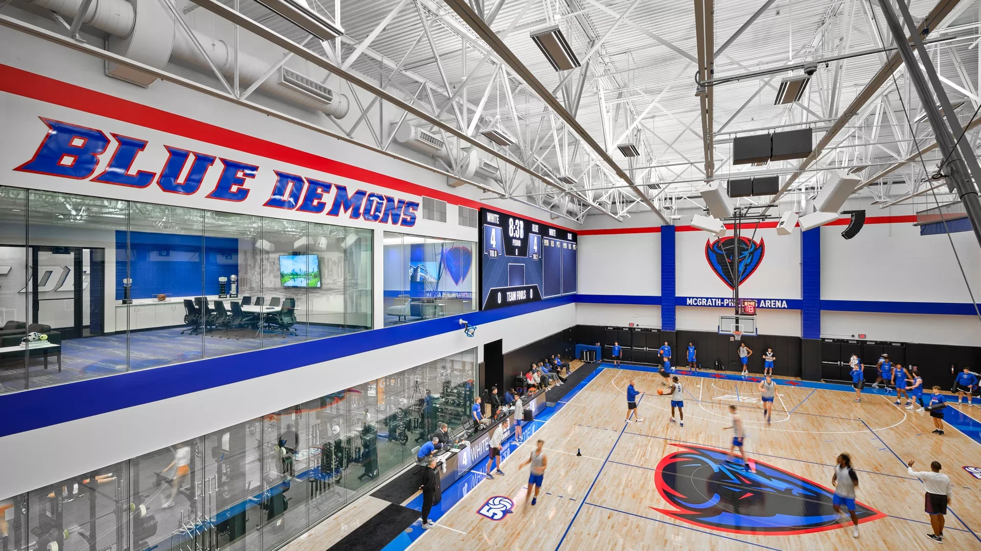 indoor court with logo and lettering on the walls