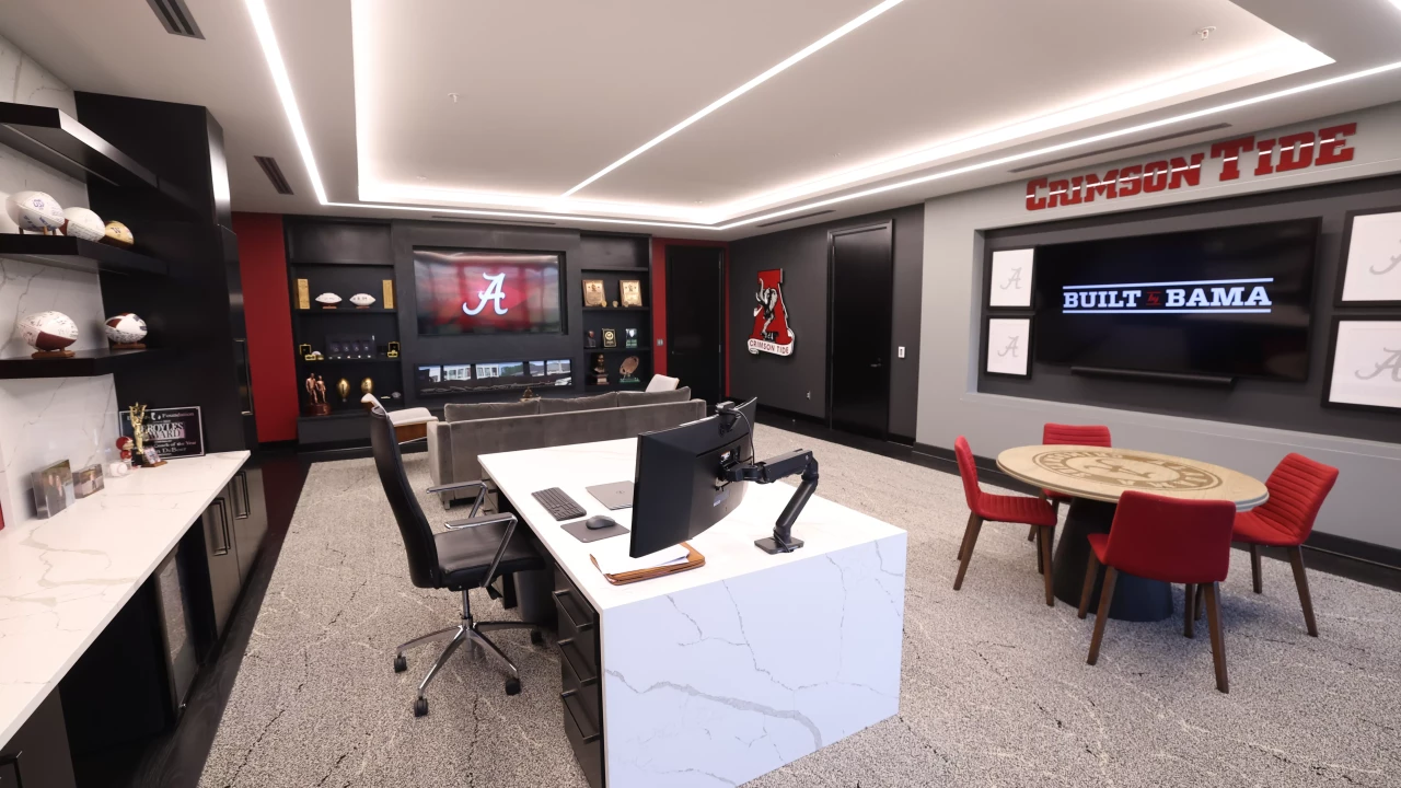 Alabama Football Coach DeBoer's Office and Recruiting Lounge