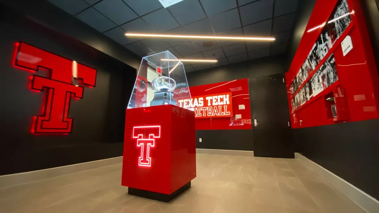 Trophy case at Texas Tech Basketball in their experience room