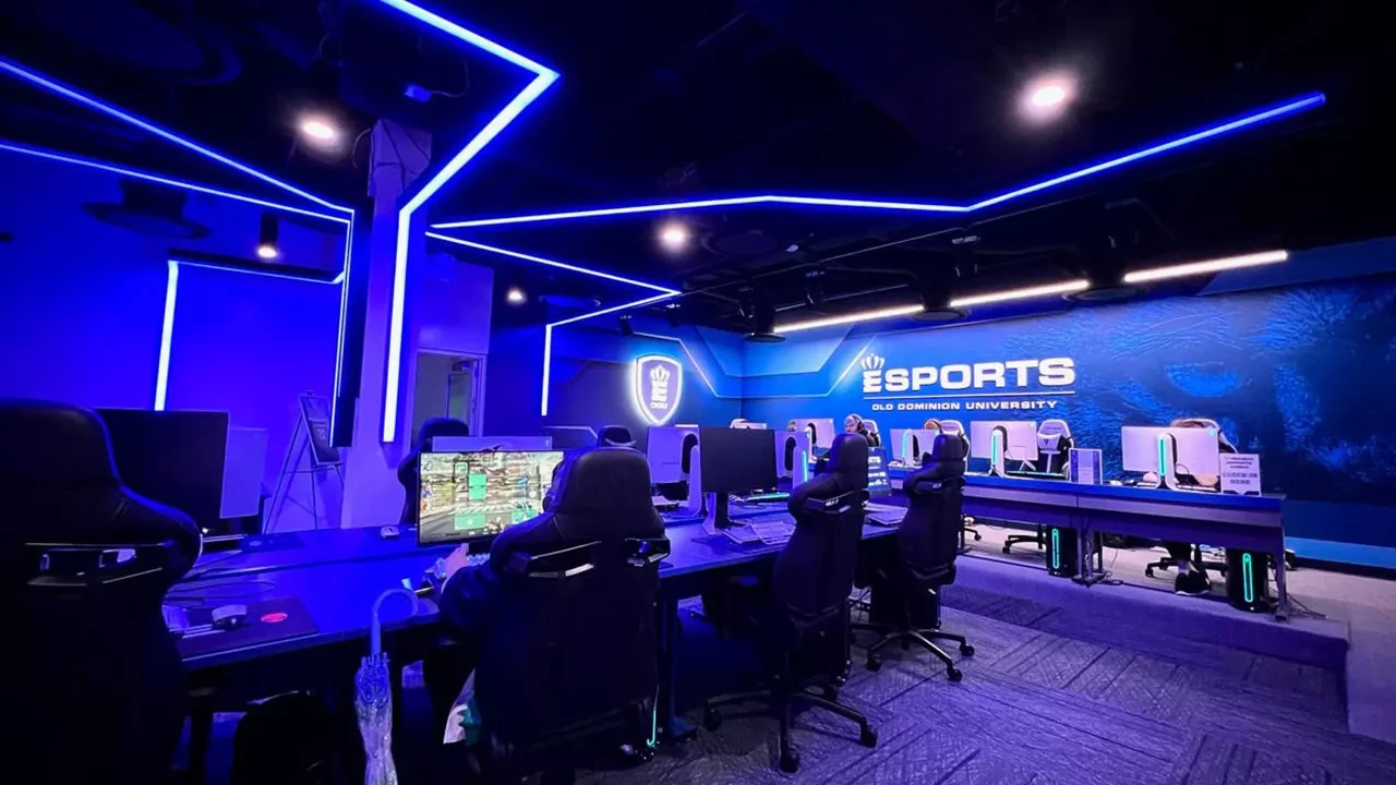 ESports room at Old Dominion University with LED blue lights throughout
