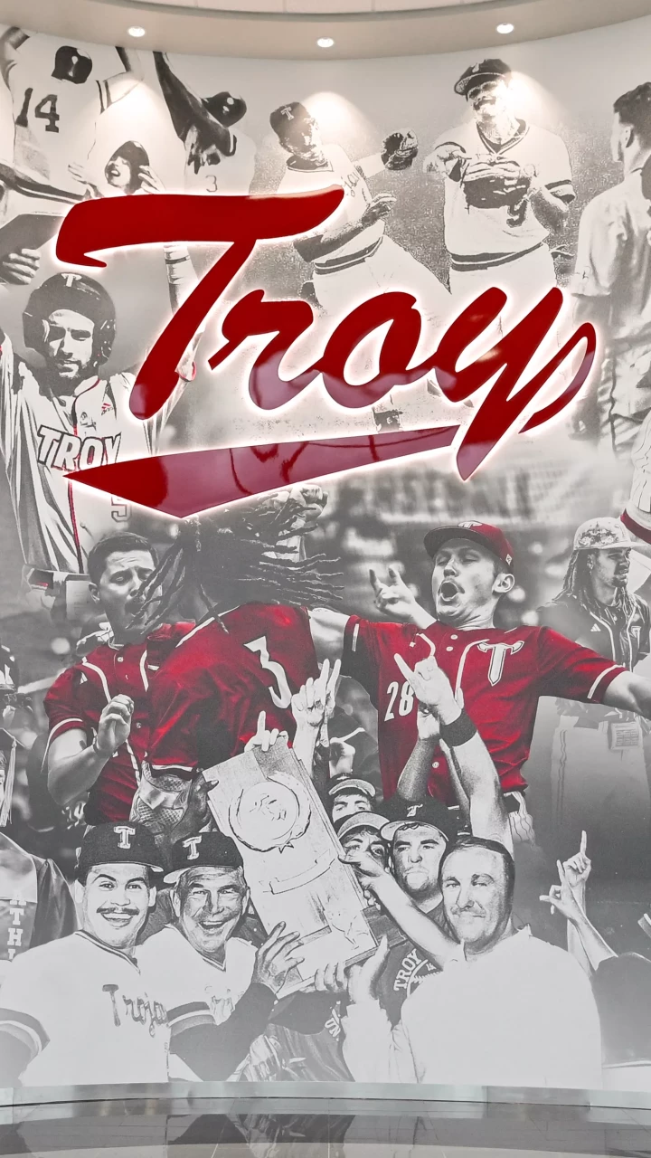 large wall graphics in lobby of Troy's baseball stadium